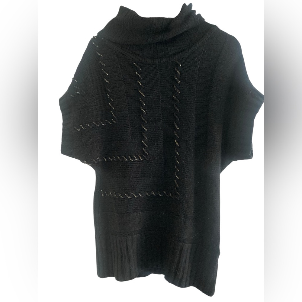 Vintage VIP Black Cowl Neck Short Sleeve Sweater- Black with Gold Accents